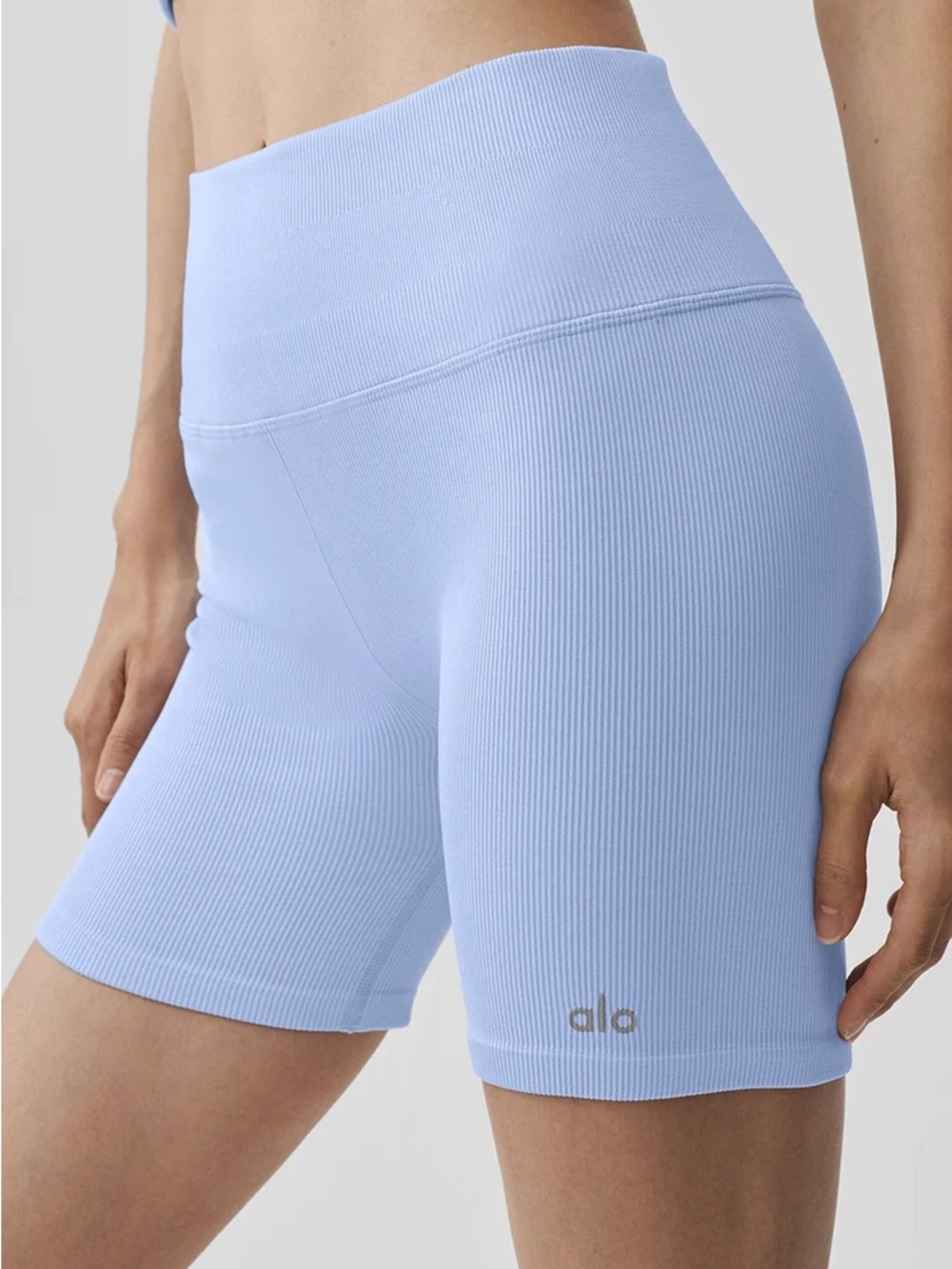 ALO Yoga High-Rise Ribbed Bike Shorts in seashell blue